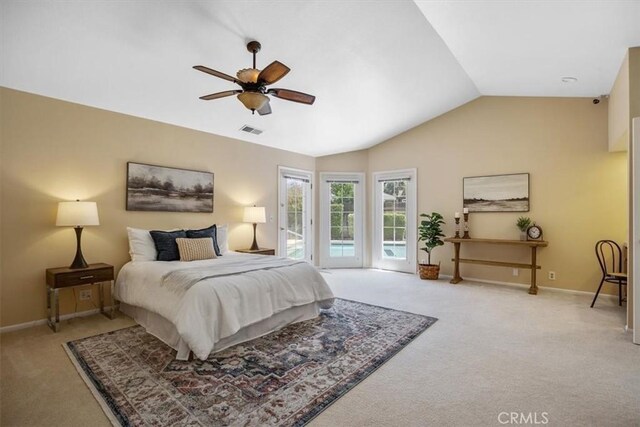 bedroom with access to outside, ceiling fan, light carpet, and lofted ceiling