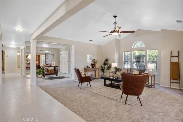 living room with ceiling fan, light carpet, and high vaulted ceiling