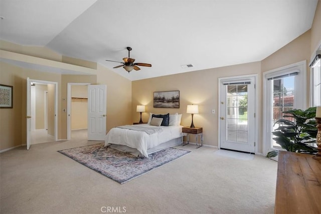 bedroom featuring vaulted ceiling, baseboards, access to outside, visible vents, and light carpet