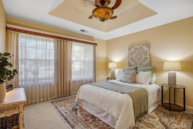 carpeted bedroom featuring a tray ceiling