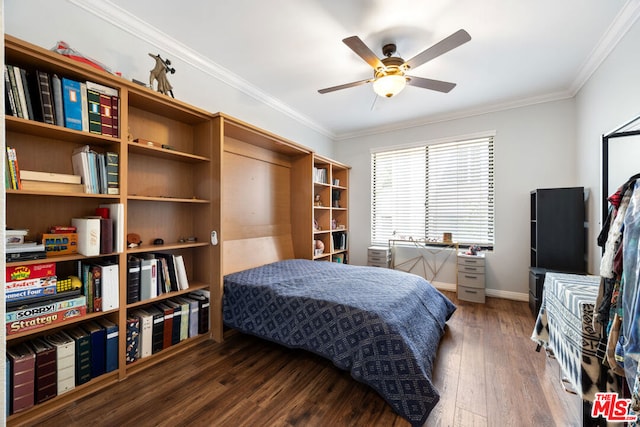 bedroom with dark hardwood / wood-style floors, ceiling fan, and ornamental molding