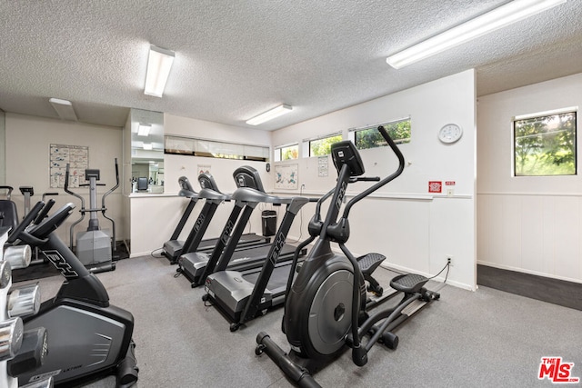 workout area featuring a textured ceiling and a healthy amount of sunlight