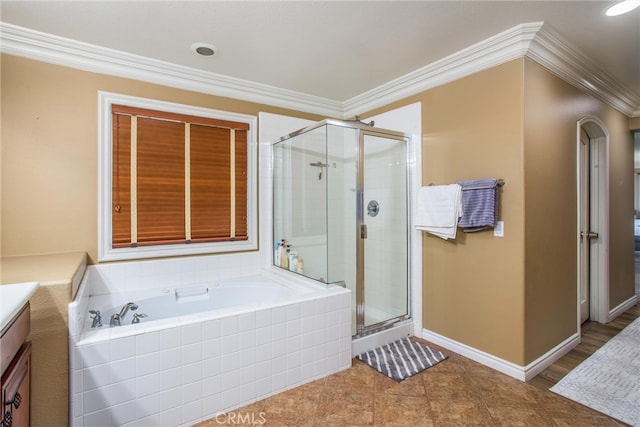 bathroom featuring crown molding, tile patterned flooring, vanity, and separate shower and tub