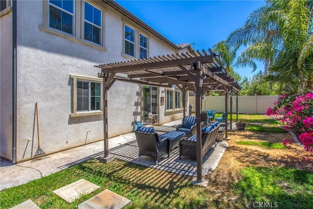 view of patio featuring an outdoor hangout area and a pergola