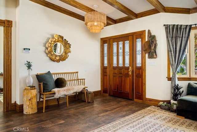 entrance foyer with an inviting chandelier, beamed ceiling, and dark hardwood / wood-style floors