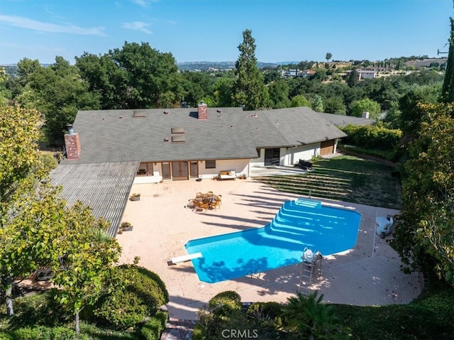 view of swimming pool with a patio and a diving board