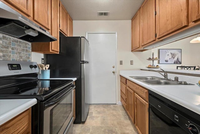 kitchen featuring black dishwasher, sink, backsplash, and electric stove