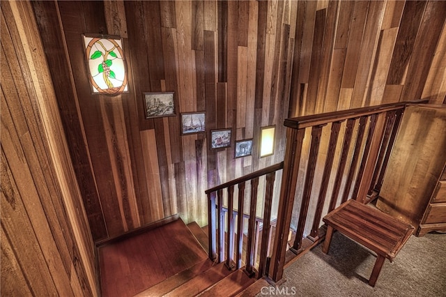 stairs featuring wooden walls and hardwood / wood-style floors