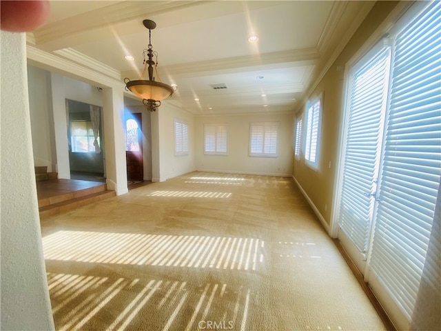 interior space with beamed ceiling, crown molding, and a chandelier