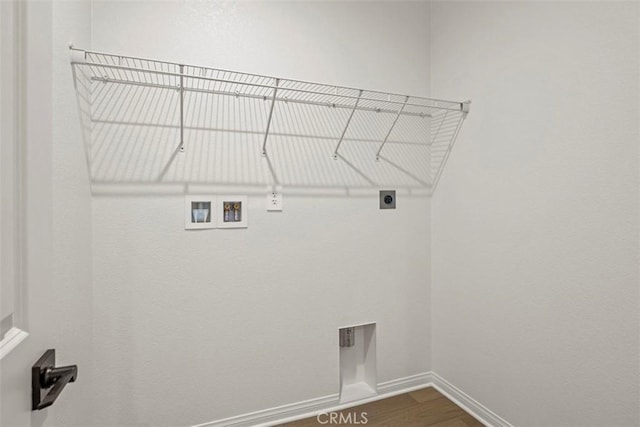 clothes washing area with hardwood / wood-style flooring, electric dryer hookup, and hookup for a washing machine