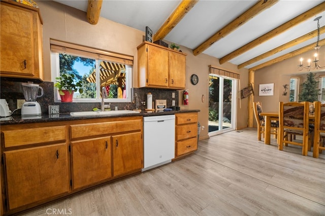 kitchen featuring lofted ceiling with beams, light wood-type flooring, a chandelier, decorative backsplash, and white dishwasher