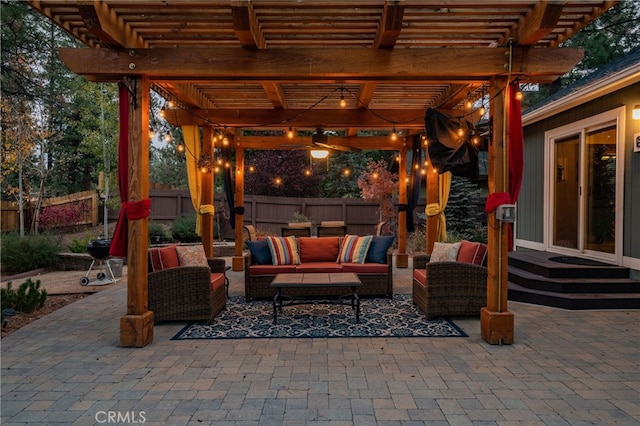 view of patio / terrace with a pergola and outdoor lounge area