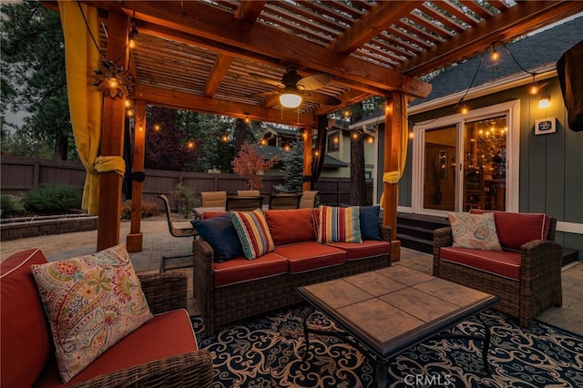 view of patio featuring a pergola, ceiling fan, and an outdoor hangout area