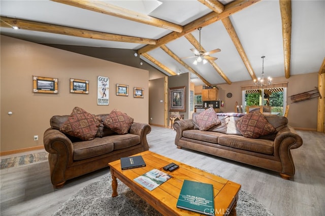 living room featuring wood-type flooring, vaulted ceiling with beams, and ceiling fan with notable chandelier