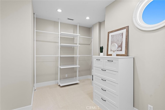 spacious closet featuring light colored carpet