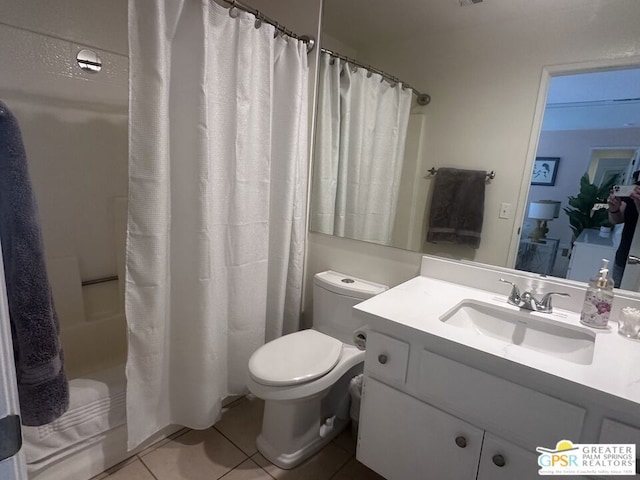 full bathroom with tile patterned flooring, vanity, toilet, and shower / tub combo with curtain