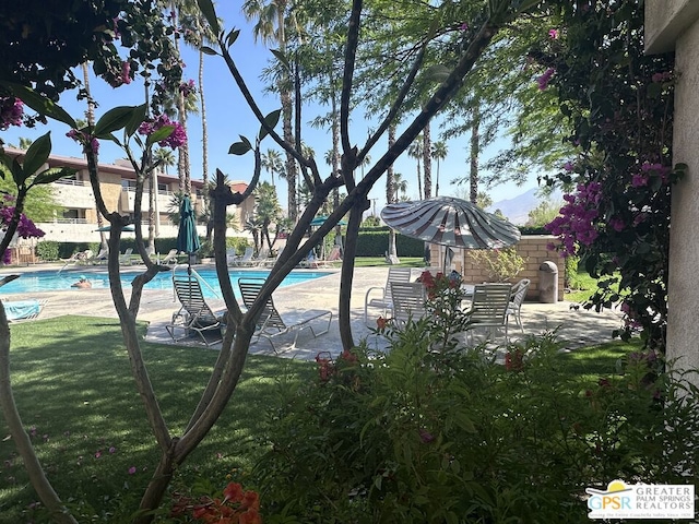 view of yard with a patio and a community pool