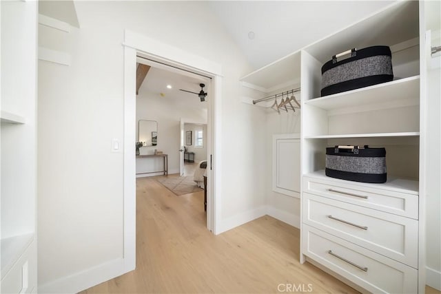 spacious closet with ceiling fan, lofted ceiling, and light hardwood / wood-style floors