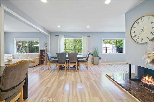 dining room featuring light hardwood / wood-style flooring, a tiled fireplace, and a healthy amount of sunlight