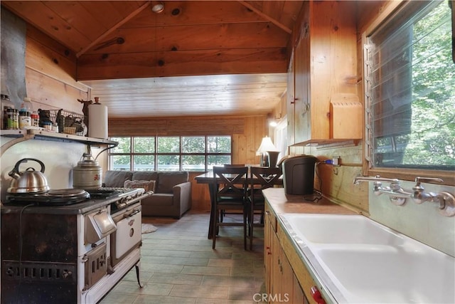 kitchen with wood ceiling, wood walls, light wood-type flooring, lofted ceiling, and sink