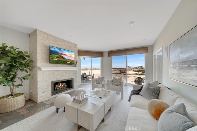 living area featuring a fireplace