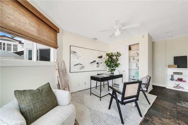 office featuring ceiling fan and built in features