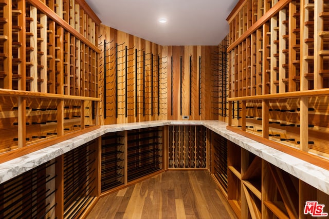 wine area with dark hardwood / wood-style flooring