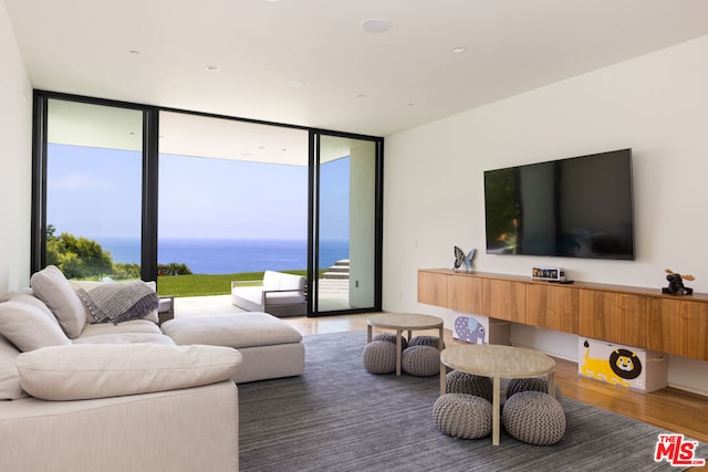 living room with expansive windows and hardwood / wood-style floors