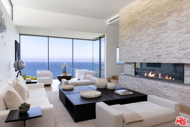 living room with a fireplace, hardwood / wood-style floors, and a water view