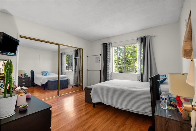 bedroom featuring a closet, a textured ceiling, and hardwood / wood-style flooring