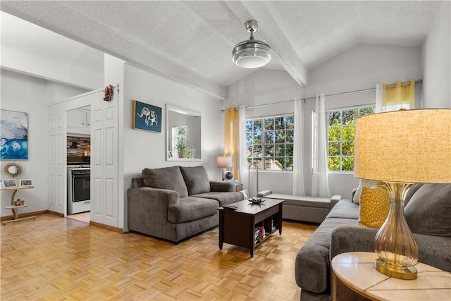 living room with light parquet flooring, vaulted ceiling, and a textured ceiling