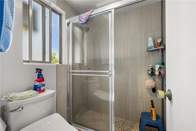 bathroom with toilet and a shower with shower door