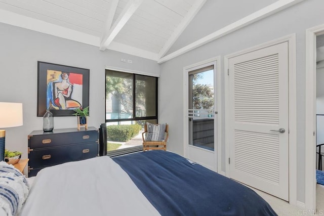 carpeted bedroom with multiple windows, wood ceiling, and vaulted ceiling with beams