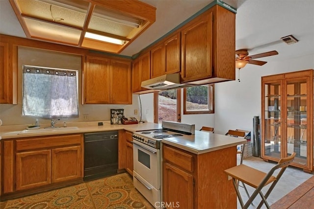 kitchen with black dishwasher, kitchen peninsula, white stove, ceiling fan, and sink