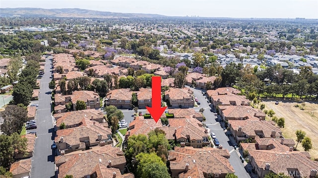 drone / aerial view featuring a mountain view