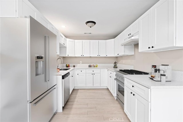 kitchen with white cabinetry, sink, light hardwood / wood-style floors, and premium appliances