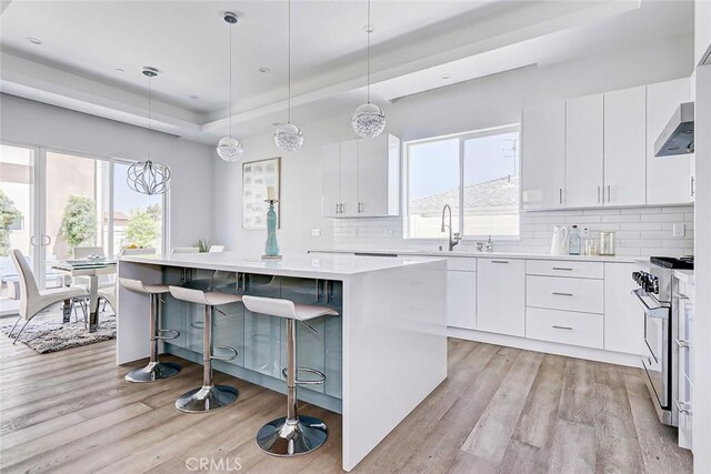 kitchen featuring white cabinets, high end stove, a kitchen island, and a wealth of natural light