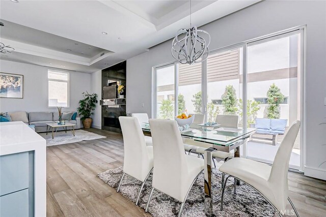 dining area with light hardwood / wood-style flooring, a raised ceiling, and a wealth of natural light