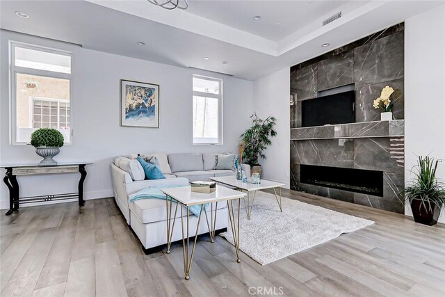 living room with a premium fireplace and light wood-type flooring