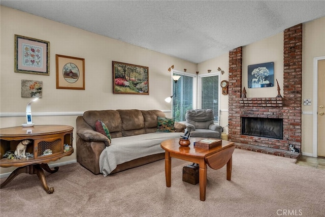 living room with light carpet, a textured ceiling, and a fireplace