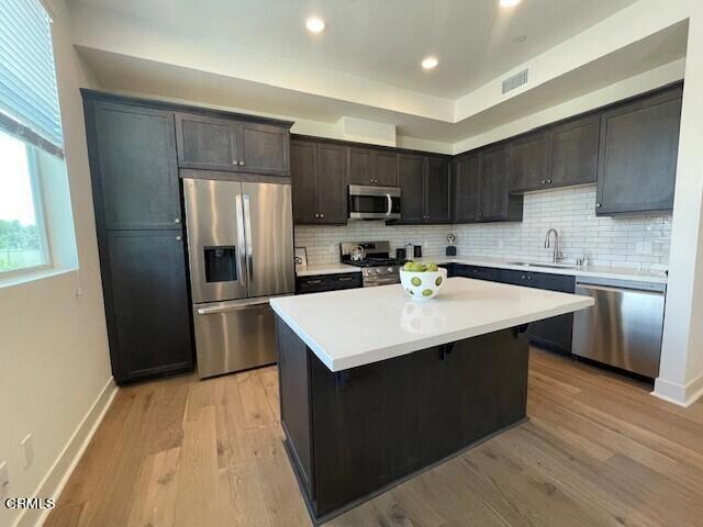 kitchen featuring tasteful backsplash, stainless steel appliances, sink, light hardwood / wood-style flooring, and a kitchen island