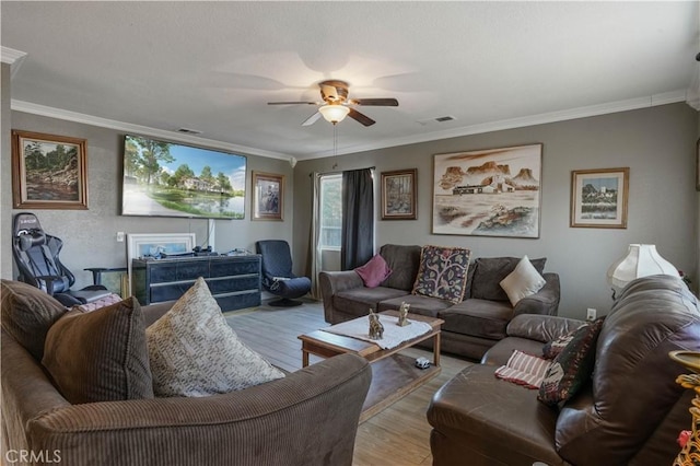 living room featuring crown molding, ceiling fan, and light wood-type flooring