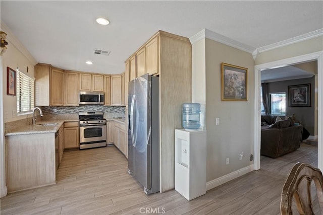 kitchen with light wood-type flooring, stainless steel appliances, a healthy amount of sunlight, and sink