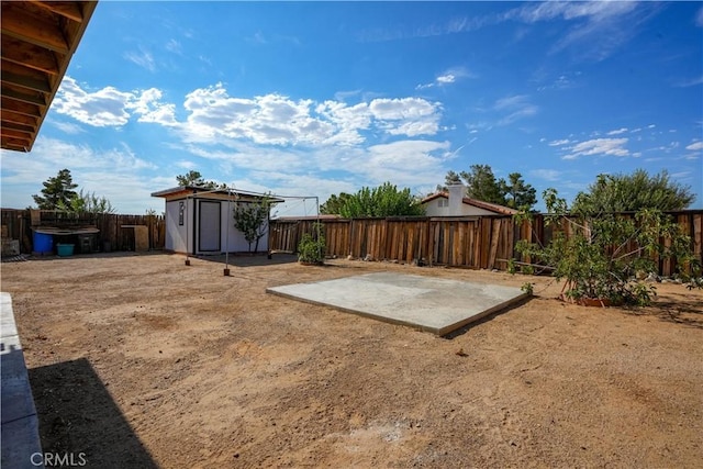 view of yard featuring a patio and a storage unit