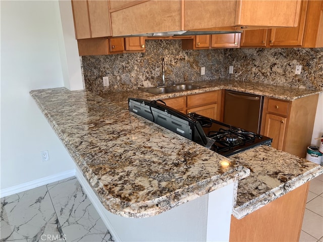 kitchen with backsplash, kitchen peninsula, stone countertops, stainless steel dishwasher, and sink