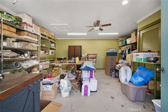 storage area featuring ceiling fan