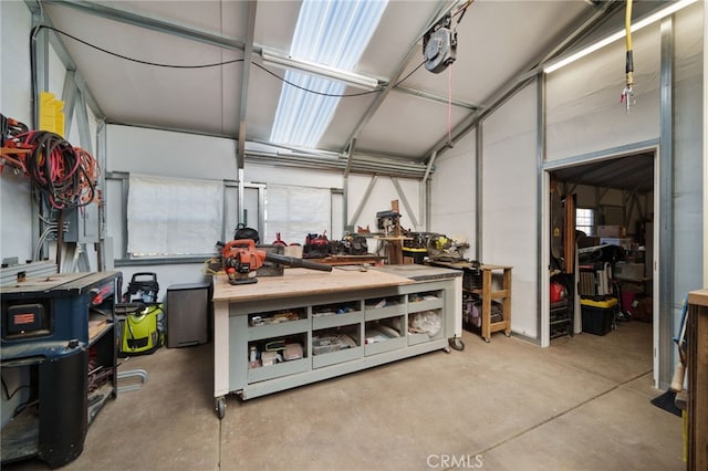 garage with a workshop area