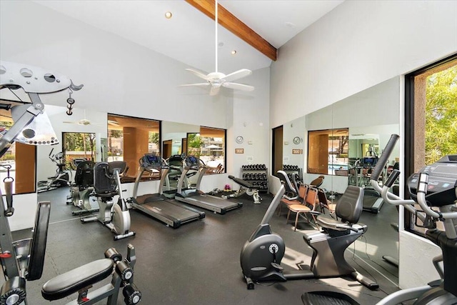 workout area with ceiling fan and high vaulted ceiling