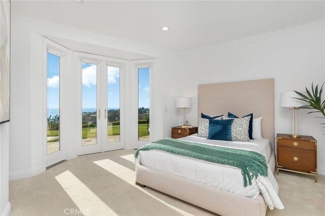 19 Marguerite Dr, Rancho Palos Verdes, CA 90275 - carpeted bedroom with access to exterior, french doors, ornamental molding, baseboards, and recessed lighting