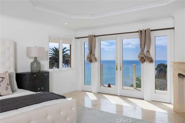 19 Marguerite Dr, Rancho Palos Verdes, CA 90275 - unfurnished bedroom featuring access to outside, tile patterned flooring, a water view, a raised ceiling, and ornamental molding